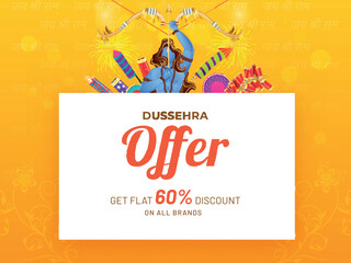 Up To 60% Off For Dussehra Sale Poster Design With Lord Rama Taking An Aim And Firecrackers.