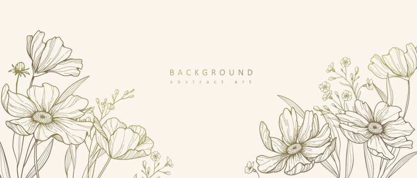 Botanical line bakground with flowers and leaves. Floral foliage for wedding invitation, wall art or card template. Vector illustration. Luxury rustic trendy art