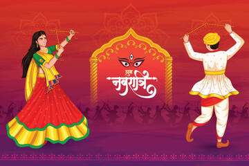 Dancing Dandiya couple at Navratri, Happy Durga Puja and Dussehra - obrazy, fototapety, plakaty
