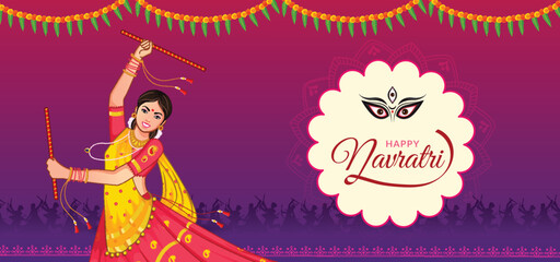 Dancing Dandiya Girl at Navratri, Happy Durga Puja and Dussehra