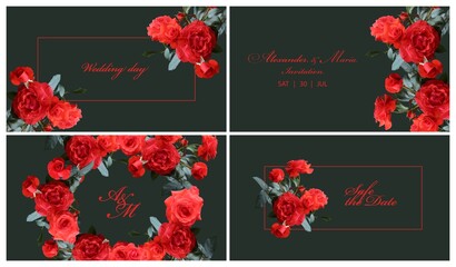 Red roses composition template design in dark (black) background. Floral pattern for wedding invitation, card design, etc.