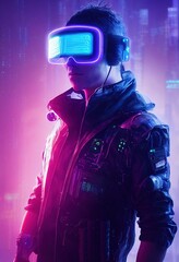 A realistic portrait of a man in neon light wearing a cyberpunk headset and cyberpunk gear. A high-tech futuristic man from the future. The concept of virtual reality and cyberpunk. 3D rendering - 528933266