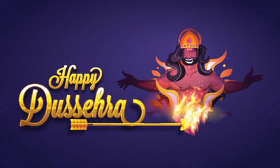 Golden Happy Dussehra Font With Flaming Arrow And Demon Ravana On Blue Background.