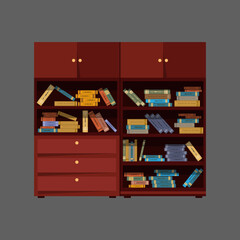 Large bookcase with randomly placed books. Vector illustration