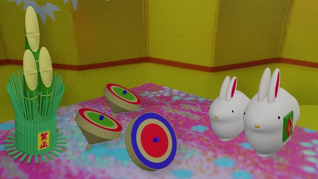 正月飾り3D表現　門松　駒　干支兎