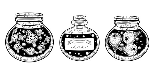 Potion bottle set. Hand drawn magic bottles collection. Alchemy, spirituality, occultism, tattoo art magic symbol. Bohemian antique style esoteric symbol. Isolated cartoon jar with potion. Halloween.