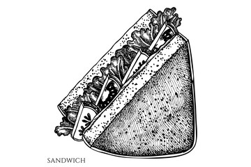 Breakfast vintage vector illustrations collection. Black and white sandwich.