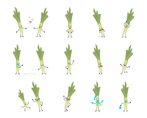 Set of cute green leek character with happy or sad emotions, panic, loving or brave face, hands and legs. Person with expression, green vegetable with mask, glasses or hat. Vector flat illustration