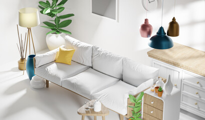 Top View Minimalist living room White Sofa Yellow Pillow . Scandinavian Interior Design 3D Render