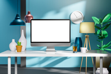 Home Office Workspace Computer Desktop PC Mockup Template Furniture Blue Wall 3D Render