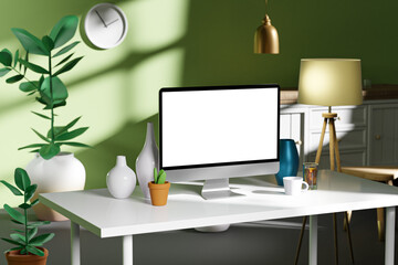 Home Office Workspace Computer Desktop PC Mockup Template Furniture Green Wall 3D Render