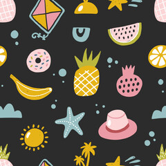 Cute scandinavian seamless pattern including funny doodle decorative hand drawn elements. Cartoon vector illustration. Good fabric design, textile, scrapbooking, wrapping paper, T-shirt, kids design