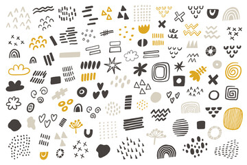 Scandinavian Hand drawn doodle design elements, black on white background. Swishes, swoops, emphasis, triangles, Lines, smears, spirals, waves, circles, crosses, brush stroke. Vector collection