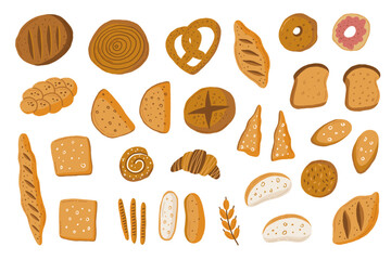 Cartoon vector bread icons set. Rye, whole grain and wheat bread, pretzel, muffin, pita , ciabatta, croissant, bagel, toast bread, french baguette for design menu bakery, shop food,  bakery pastry.