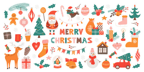 Big Christmas set of festive symbols and design elements. Cute flat illustration in hand drawn style on white background