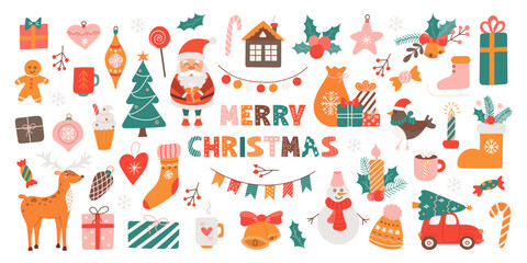Fototapeta na wymiar Big Christmas set of festive symbols and design elements. Cute flat illustration in hand drawn style on white background