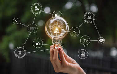 Hand holding light bulb with green background. idea solar energy in nature concept in virtual icon screen Icon.