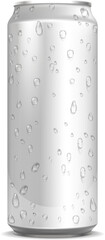 Aluminum can with water drops. Cold soda container mockup