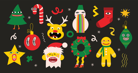 Fototapeta premium Merry Christmas and Happy New Year 2023. Vector trendy abstract illustrations of holiday card with santa claus, deer, crazy geometric shapes, christmas tree and wreath for poster.