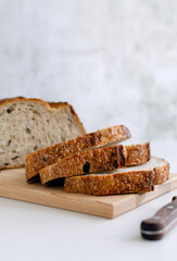 Sourdough bread with black olives. Copy space for text