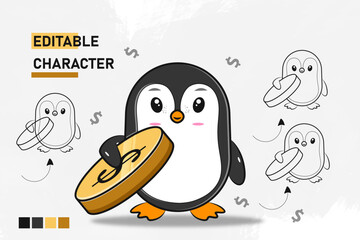 cute penguin holding slanted dollar coin with line art element vector eps 10