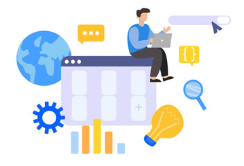 Vector illustration of teamwork, task management, project development, startup, brainstorming, business plan. Flat design concept of business analysis, project management, market research.