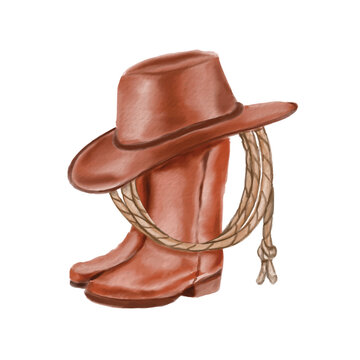 Hand Drawn Watercolor Cowboy Hat, Rope And Boot. Vector