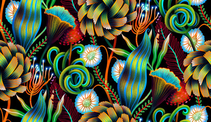 Seamless pattern with surreal psychedelic plants. Trippy botanical background.