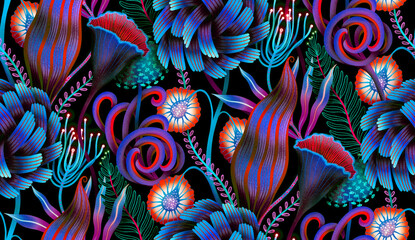 Seamless pattern with surreal psychedelic plants. Trippy botanical background.