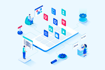 App development 3d isometric web design. People create user interface template, place application buttons on screen, work with codes and program software for different devices. Web illustration