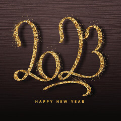 Golden Glittering 2023 Number Against Brown Stripe Background For Happy New Year Concept.