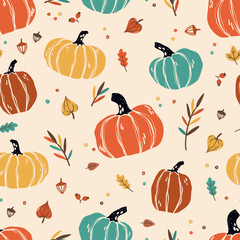 Lovely hand drawn Thanksgiving seamless pattern with pumpkins and sunflowers, great for textiles, table cloth, wrapping, banners, wallpapers - vector design