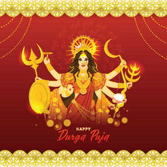 Happy Durga Puja Poster Design With Sculpture Of Goddess Durga Maa And Paper Cut Mandala Border On Red Background.