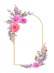 Arched floral frame isolated on transparent background. Flowers arragement design element