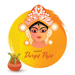 Happy Durga Puja Poster Design With Goddess Durga Maa Face, Worship Pot (Kalash) And Orange Brush Stroke On White Background.
