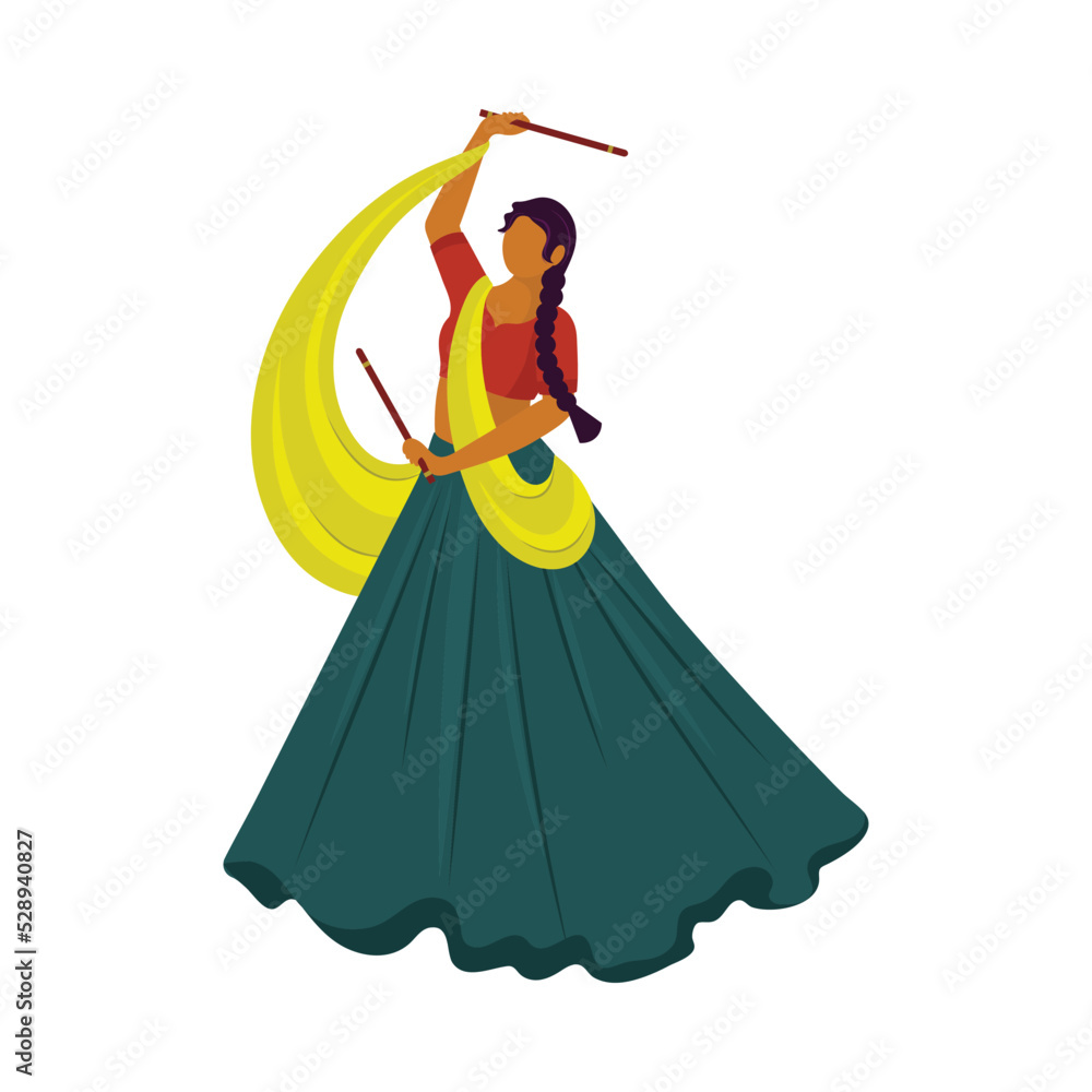 Wall mural Cartoon Indian Woman Playing With Dandiya Sticks On White Background.