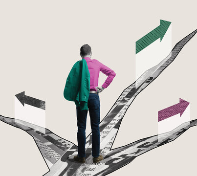 A businessman stands at a crossroads choosing the right path. Art collage.