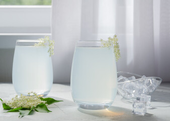 Healthy fresh homemade elder flower lemonade (mocktail). Organic refreshing nonalcoholic fermentation lemonade or elderberry juice with soda. Copy spase for text