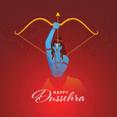 Happy Dussehra Celebration Poster Design With Hindu Mythology Lord Rama Taking An Aim Against Red Background.