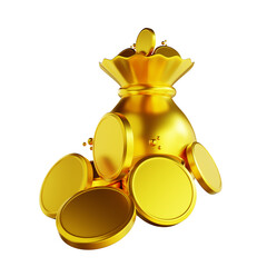 3D illustration golden common coin pile and coin bag