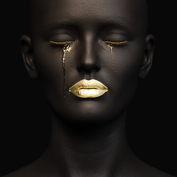 Female figure face with eyes closed and golden tears, dark background. 3D illustration.