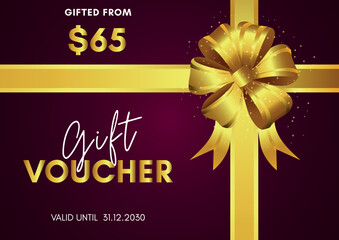 65 Dollar Gift voucher template design with golden bow on magenta background. Premium design for Discount gift coupons, vouchers, gift certificate, gift card, banner, internet ads, social media gift.