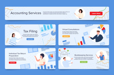 Bookkeeping services promo landing page set vector illustration. Accounting analysis tax return