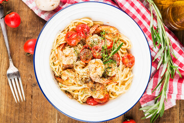 A plate of Italian Seafood  shrimp noodles