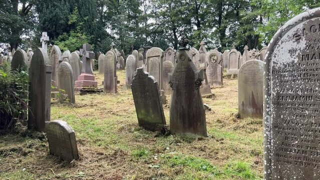 Footage Walking in St Michael and All Angels Church Graveyard. The church is the last resting place of the Bronte family. Haworth England.