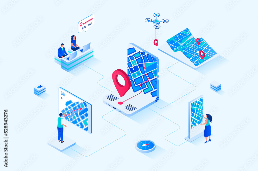 Aufkleber GPS navigation 3d isometric web design. People use mobile application with city map and get directions, track locations and move along streets with online navigator app. Web illustration