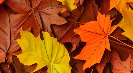 Colorful autumn leaves. Multicolored maple leaves lie on the ground.