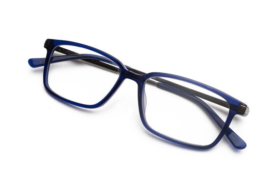 Pair Of Blue Eyeglasses On A White Background