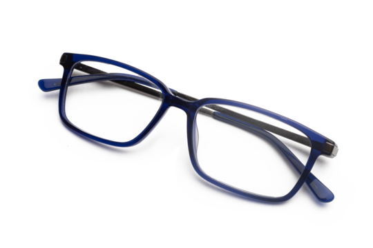 Pair of blue eyeglasses on a white background