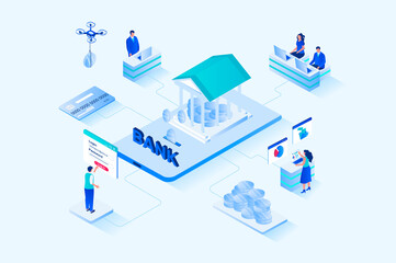 Mobile banking 3d isometric web design. People use online banking services, manage personal financial account, save money, receive interest on deposits and make transactions. Web illustration